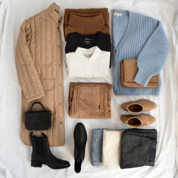 Folded denim capsule wardrobe flat lay