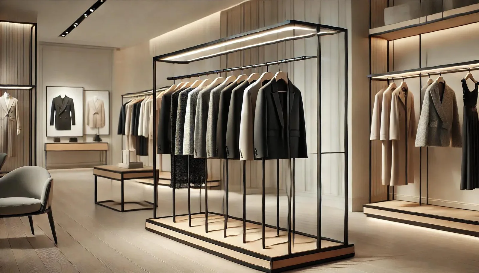 Layered knitwear and shirts hang on a rail